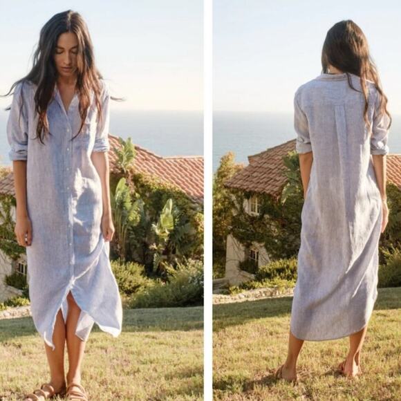 Frank & Eileen Rory Maxi Shirtdress Italian Lived In Linen Blue Striped Size XS - Picture 7 of 15